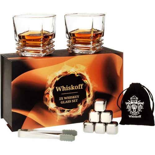  [아마존베스트]W WHISKOFF Whiskey Glass Set - Bourbon Stainless Steel Ice Cubes Set of 6 - Whiskey Scotch Gift Box - Bourbon Glasses Gift Set - Whiskey Metal Cubes Gift Box - Whisky Stone Ice Cubes Set - Bi