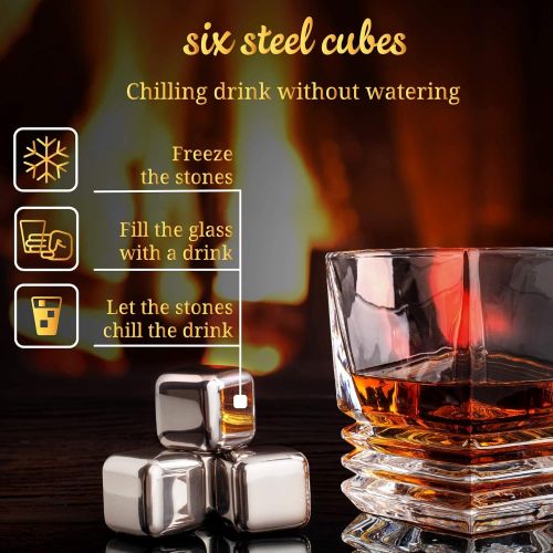  [아마존베스트]W WHISKOFF Whiskey Glass Set - Bourbon Stainless Steel Ice Cubes Set of 6 - Whiskey Scotch Gift Box - Bourbon Glasses Gift Set - Whiskey Metal Cubes Gift Box - Whisky Stone Ice Cubes Set - Bi