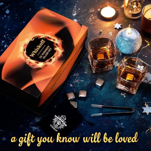  [아마존베스트]W WHISKOFF Whiskey Glass Set - Bourbon Stainless Steel Ice Cubes Set of 6 - Whiskey Scotch Gift Box - Bourbon Glasses Gift Set - Whiskey Metal Cubes Gift Box - Whisky Stone Ice Cubes Set - Bi