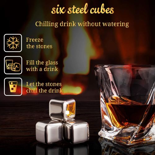  [아마존베스트]W WHISKOFF Whiskey Glass Set - Whisky Chilling Stainless Steel Ice Cubes of 6 - Bourbon Glasses Gift Set - Scotch Metal Ice Cubes - Whiskey Set Gift Box - Whiskey Gifts for Men - Whiskey Ston