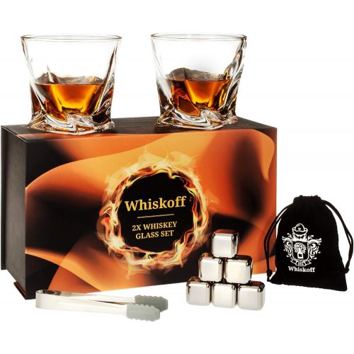  [아마존베스트]W WHISKOFF Whiskey Glass Set of 2 - Scotch 6 Stainless Steel Chilling Stones Set - Bourbon Glasses Gift Set for Dad - Whiskey Metal Ice Cubes Gift Box - Whiskey Stones Gift Set - Whiskey Set