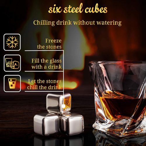  [아마존베스트]W WHISKOFF Whiskey Glass Set of 2 - Scotch 6 Stainless Steel Chilling Stones Set - Bourbon Glasses Gift Set for Dad - Whiskey Metal Ice Cubes Gift Box - Whiskey Stones Gift Set - Whiskey Set