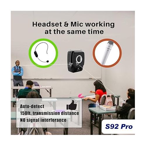  W WINBRIDGE S92 Pro Portable PA System -25W Bluetooth Speaker with Dual Wireless Microphones, Wireless Voice Amplifier with Headset Mic and Handheld Mic for Presentations, Teaching, Karaoke