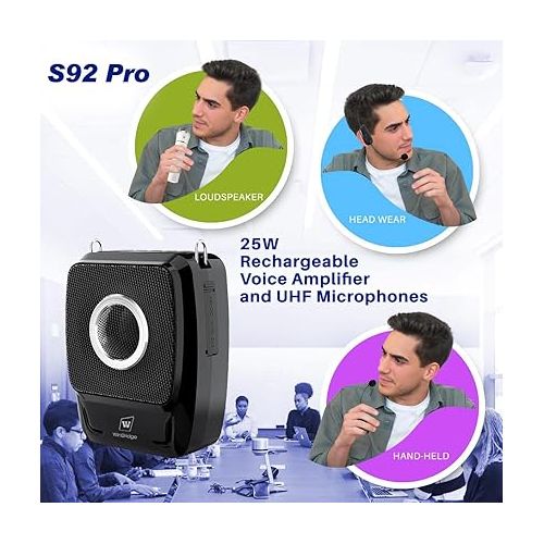  W WINBRIDGE S92 Pro Portable PA System -25W Bluetooth Speaker with Dual Wireless Microphones, Wireless Voice Amplifier with Headset Mic and Handheld Mic for Presentations, Teaching, Karaoke