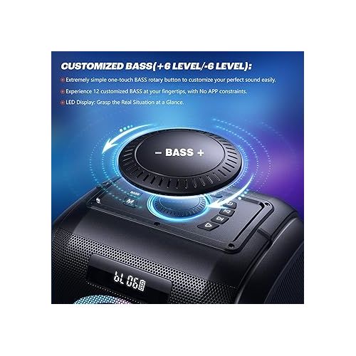  W-KING 250W PEAK Large Bluetooth Speaker Loudest/Massive 120dB/12 Custom Bass, V5.3 Big Party Boombox Portable Speaker Wireless Loud, Extra Deep Bass/6.5'' Subwoofer, IPX5/LED/MIC&Guitar in/USB/TF/AUX