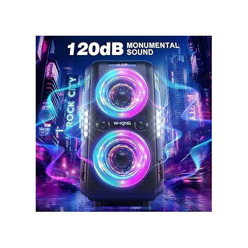  W-KING 250W PEAK Large Bluetooth Speaker Loudest/Massive 120dB/12 Custom Bass, V5.3 Big Party Boombox Portable Speaker Wireless Loud, Extra Deep Bass/6.5'' Subwoofer, IPX5/LED/MIC&Guitar in/USB/TF/AUX