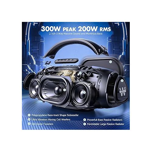  W-KING 300W Peak 200W RMS Portable Bluetooth Speakers, Massive Bass Party Boombox IPX7 Waterproof Bluetooth Speaker Large, Loud Outdoor Wireless Speaker/V5.3/EQ APP/Fast Charge/Stereo Pair/Guitar in