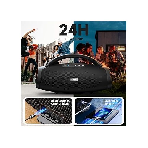  W-KING 300W Peak 200W RMS Portable Bluetooth Speakers, Massive Bass Party Boombox IPX7 Waterproof Bluetooth Speaker Large, Loud Outdoor Wireless Speaker/V5.3/EQ APP/Fast Charge/Stereo Pair/Guitar in