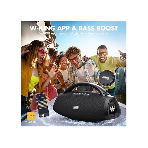  W-KING 300W Peak 200W RMS Portable Bluetooth Speakers, Massive Bass Party Boombox IPX7 Waterproof Bluetooth Speaker Large, Loud Outdoor Wireless Speaker/V5.3/EQ APP/Fast Charge/Stereo Pair/Guitar in