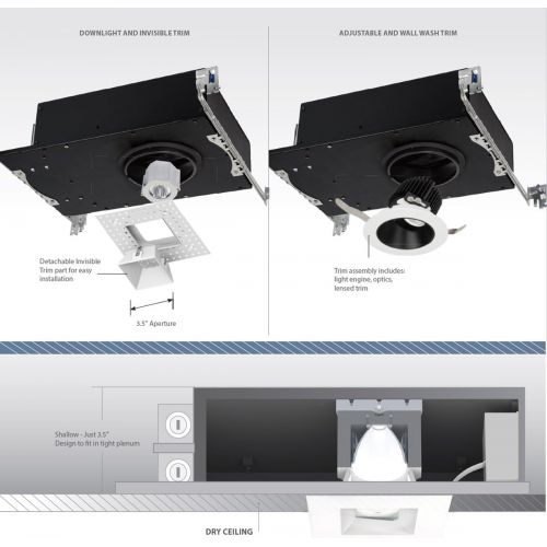  WAC Lighting R3ASDL-N840-HZ Aether Square Invisible Trim with LED Light Engine Narrow 25 Beam 4000K Cool White, Haze