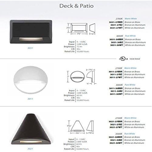  WAC Lighting 3031-27BBR WAC LED 12V Rectangle Deck and Patio Light 2700K Warm White in Bronzed Solid Brass