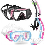 WACOOL Professional 2 Pack Adult Snorkeling Set (Black+Pink) and 2 Pack Kids Snorkeling Set (SkyBlue+Pink)