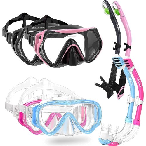  WACOOL Professional 2 Pack Adult Snorkeling Set (Black+Pink) and 2 Pack Kids Snorkeling Set (SkyBlue+Pink)