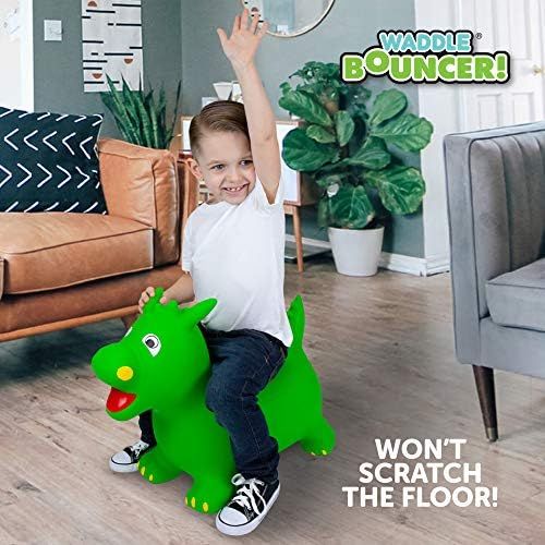  WADDLE Bouncy Riding Hopper Large Inflatable Hopping Animal, Indoors and Outdoors Ride on Toy for Toddlers and Kids, Pump Included, Boys and Girls Ages 3 Years and Up (Green Dragon