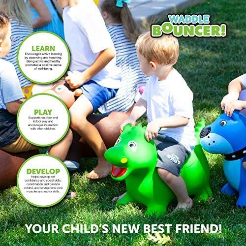  WADDLE Bouncy Riding Hopper Large Inflatable Hopping Animal, Indoors and Outdoors Ride on Toy for Toddlers and Kids, Pump Included, Boys and Girls Ages 3 Years and Up (Green Dragon