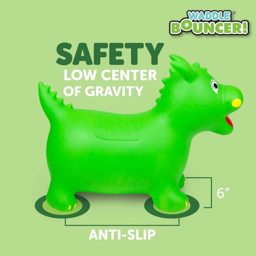  WADDLE Bouncy Riding Hopper Large Inflatable Hopping Animal, Indoors and Outdoors Ride on Toy for Toddlers and Kids, Pump Included, Boys and Girls Ages 3 Years and Up (Green Dragon