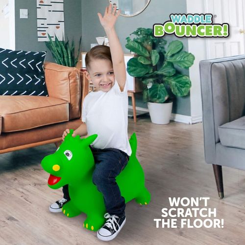  WADDLE Bouncy Riding Hopper Large Inflatable Hopping Animal, Indoors and Outdoors Ride on Toy for Toddlers and Kids, Pump Included, Boys and Girls Ages 3 Years and Up (Green Dragon