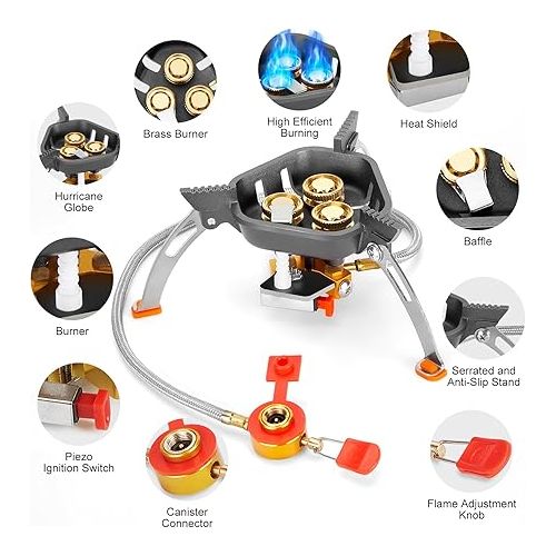  WADEO 7200W Windproof Camping Stove, Camping Gas Stove with Piezo Ignition, Two Fuel Canister Adapter, Carry Case, Portable Stove, Backpacking Stove for Outdoor Backpacking Hiking and Picnic