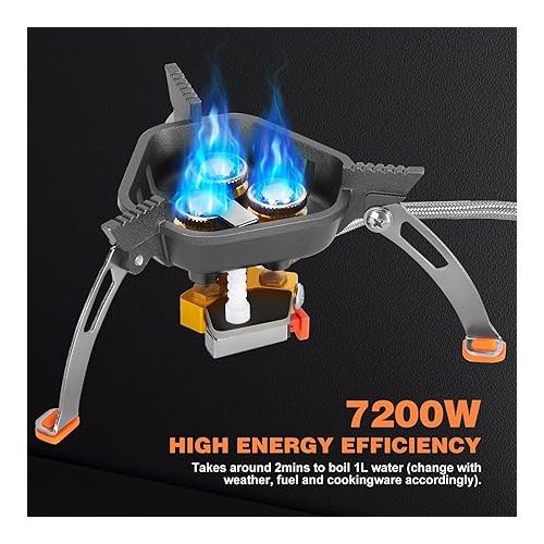  WADEO 7200W Windproof Camping Stove, Camping Gas Stove with Piezo Ignition, Two Fuel Canister Adapter, Carry Case, Portable Stove, Backpacking Stove for Outdoor Backpacking Hiking and Picnic