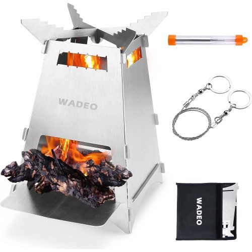  Wood Burning Camping Stove, WADEO Upgraded Portable and Foldable Backpacking Stove with Carry Bag for Camping, Hiking, BBQ, Survival Cooking, Stainless Steel, Sturdy and Lightweigh