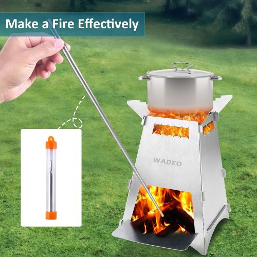  Wood Burning Camping Stove, WADEO Upgraded Portable and Foldable Backpacking Stove with Carry Bag for Camping, Hiking, BBQ, Survival Cooking, Stainless Steel, Sturdy and Lightweigh