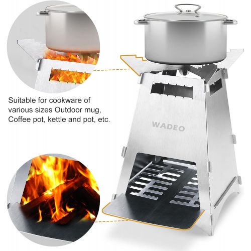  Wood Burning Camping Stove, WADEO Upgraded Portable and Foldable Backpacking Stove with Carry Bag for Camping, Hiking, BBQ, Survival Cooking, Stainless Steel, Sturdy and Lightweigh