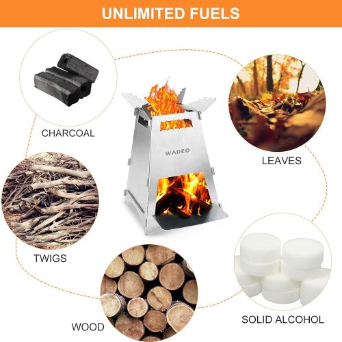  Wood Burning Camping Stove, WADEO Upgraded Portable and Foldable Backpacking Stove with Carry Bag for Camping, Hiking, BBQ, Survival Cooking, Stainless Steel, Sturdy and Lightweigh