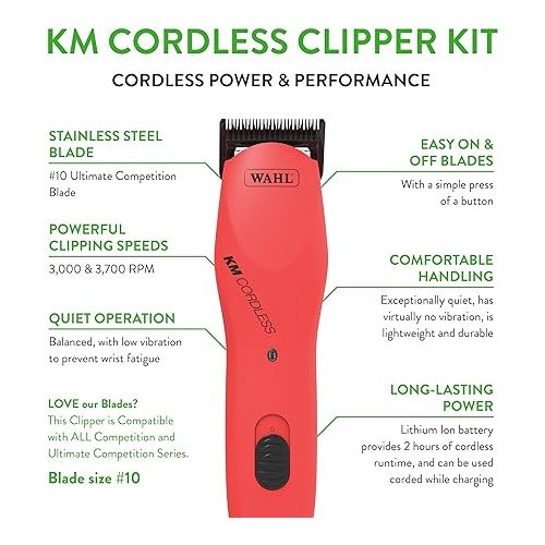  WAHL Professional Animal KM Cordless 2-Speed Detachable Blade Pet and Dog Clipper Kit, Poppy (9596-200)