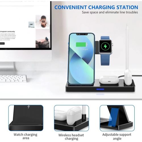  [아마존베스트]WAITIEE Updated Version,Wireless Charger 5 in 1,Qi Wireless Charging Station for iWatch 6/5/4/3/2/1& AirPods3/2/1 & Pencil & iPhone 12/11/11 Pro Max/XR/XS Max/Xs/X/8/8P Black(No iW