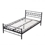 WALCUT Wood Slats Steel Bed Frame Platform Headboard Footboard Furniture (Twin Size, Black)