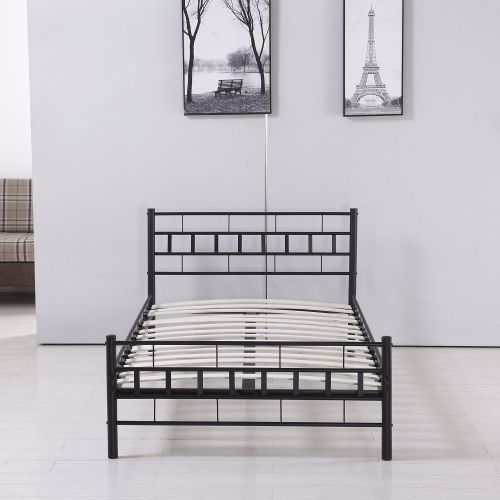  WALCUT Wood Slats Steel Bed Frame Platform Headboard Footboard Furniture (Twin Size, Black)