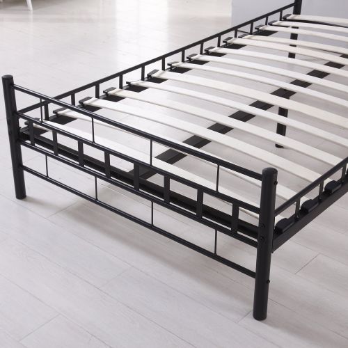  WALCUT Wood Slats Steel Bed Frame Platform Headboard Footboard Furniture (Twin Size, Black)