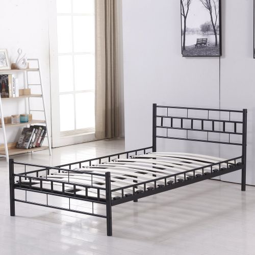  WALCUT Wood Slats Steel Bed Frame Platform Headboard Footboard Furniture (Twin Size, Black)