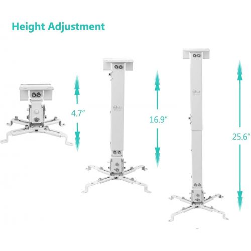  [아마존베스트]WALI Universal Projector Ceiling Mount Multiple Adjustment Bracket with 25.6 inches Extension Pole, Hold up to 44 lbs (PM-001-WHT), White