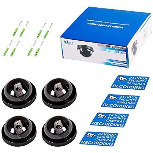  WALI Dummy Fake Security CCTV Dome Camera with Flashing Red LED Light with Security Alert Sticker Decals (SD-4), 4 Packs, Black