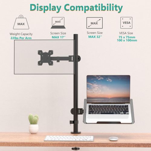  [아마존베스트]WALI Extra Tall Single LCD Monitor Stand Desk Mount with Laptop Tray for 1 Laptop Notebook and 1 LCD Monitor Mount, Fully Adjustable Fits up to 17 inch Notebook and 27 inch Display