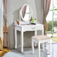 WaterJoy Vanity Set, White Vanity Dressing Oval Mirror Makeup Table with 360 Degrees Rotating Mirror, Makeup Cushioned Stool Wood Dressing Desk with 1 Drawer for Bedroom Furniture