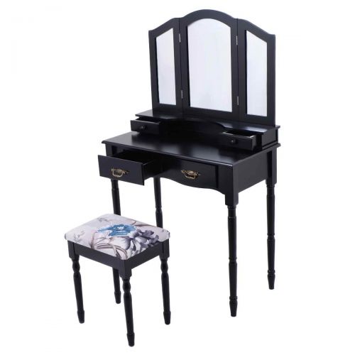  Vanity Set, WATERJOY Tri-Folding Mirror Makeup Vanity Table Set with Cushioned Stool Mirror Table Set Home Furniture 4 Drawer (Black)
