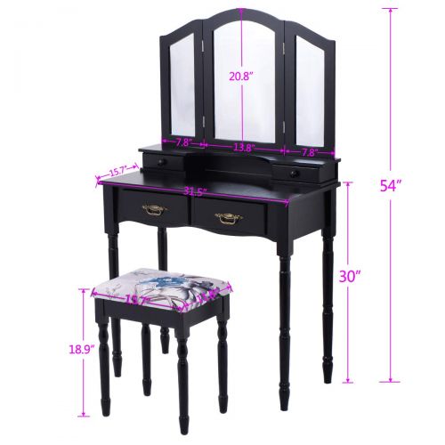  Vanity Set, WATERJOY Tri-Folding Mirror Makeup Vanity Table Set with Cushioned Stool Mirror Table Set Home Furniture 4 Drawer (Black)