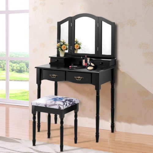  Vanity Set, WATERJOY Tri-Folding Mirror Makeup Vanity Table Set with Cushioned Stool Mirror Table Set Home Furniture 4 Drawer (Black)