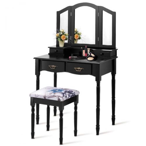  Vanity Set, WATERJOY Tri-Folding Mirror Makeup Vanity Table Set with Cushioned Stool Mirror Table Set Home Furniture 4 Drawer (Black)