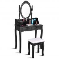 WATERJOY Vanity Set, Dressing Makeup Vanity Table Set with Round Mirror & Cushioned Stool for Bathroom, Bedroom, 29.5 x 16.0