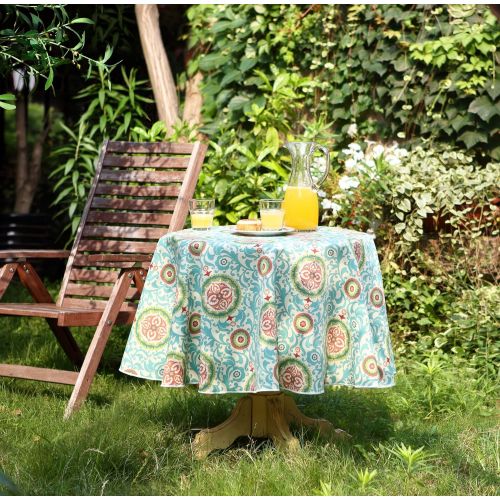  WAVERLY Indoor/Outdoor Tablecloth, Water Repellant, Spill Proof, Available in Many Different Sizes and Colorways (Cell Sun Capri, 60 Round)