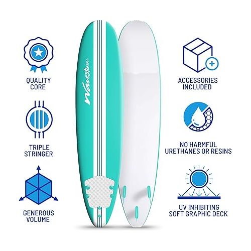  Wavestorm-15th Anniversary Edition Soft Top Foam 8ft Surfboard | for Beginners and All Levels | Includes Accessories | Leash and Multiple Fin Options, Turquoise pinline