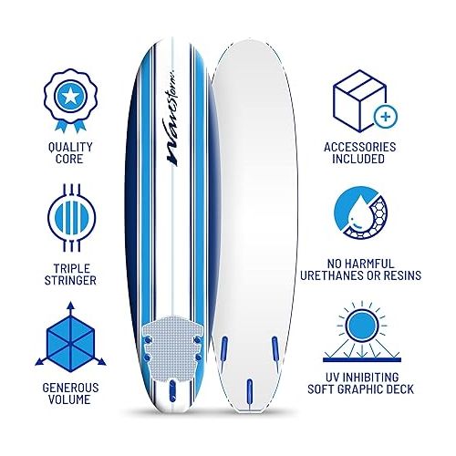  Wavestorm - Classic Soft Top Foam 7ft Surfboard Surfboard for Beginners and All Surfing Levels Complete Set Includes Leash and Multiple Fins Heat Laminated, Blue Pinline (AZ22-WSSF700-PIN)