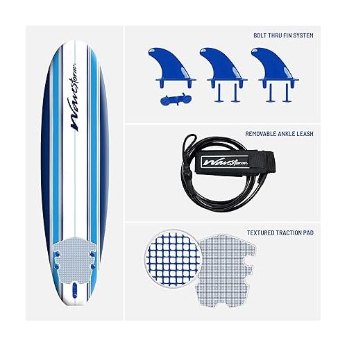  Wavestorm - Classic Soft Top Foam 7ft Surfboard Surfboard for Beginners and All Surfing Levels Complete Set Includes Leash and Multiple Fins Heat Laminated, Blue Pinline (AZ22-WSSF700-PIN)