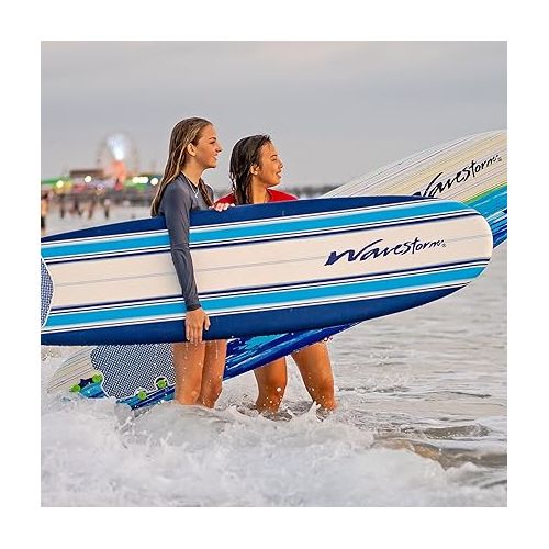  Wavestorm Classic Soft Top Foam 7' Surfboard for Beginners and All Surfing Levels Complete Set Includes Leash and Multiple Fins Heat Laminated, Blue Pinline