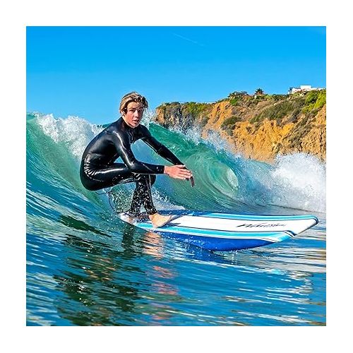  Wavestorm Classic Soft Top Foam 7' Surfboard for Beginners and All Surfing Levels Complete Set Includes Leash and Multiple Fins Heat Laminated, Blue Pinline