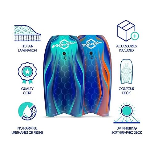  Wavestorm-42.5in Performance Foam Bodyboard with Sector Fin Channel Bottom, Bodyboard for Beginners and All Surfing Levels, Complete 2 Pack Board Set Includes Leash