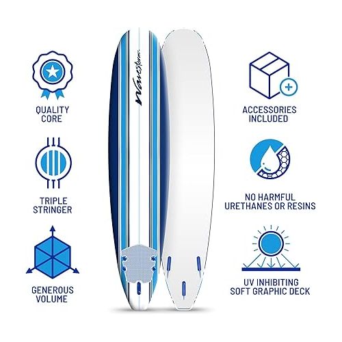  Wave Storm - Classic Soft Top Foam 9ft Surfboard for Beginners and All Surfing Levels Complete Set Includes Leash and Multiple Fins Heat Laminated, Blue Pinline